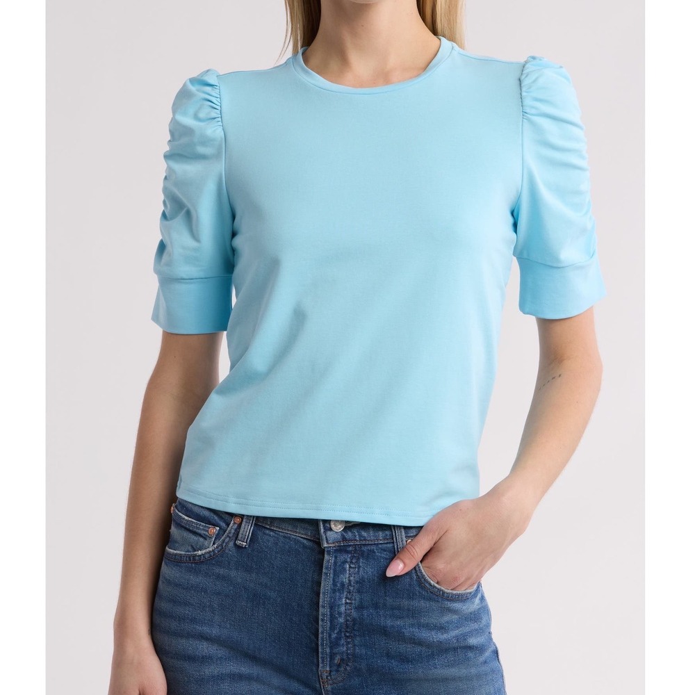 Walter Baker Skippy Ruched Sleeve T-Shirt Light Blue Size Large
